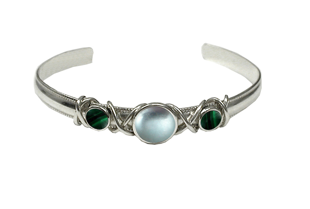 Sterling Silver Hand Made Cuff Bracelet With Blue Topaz And Malachite